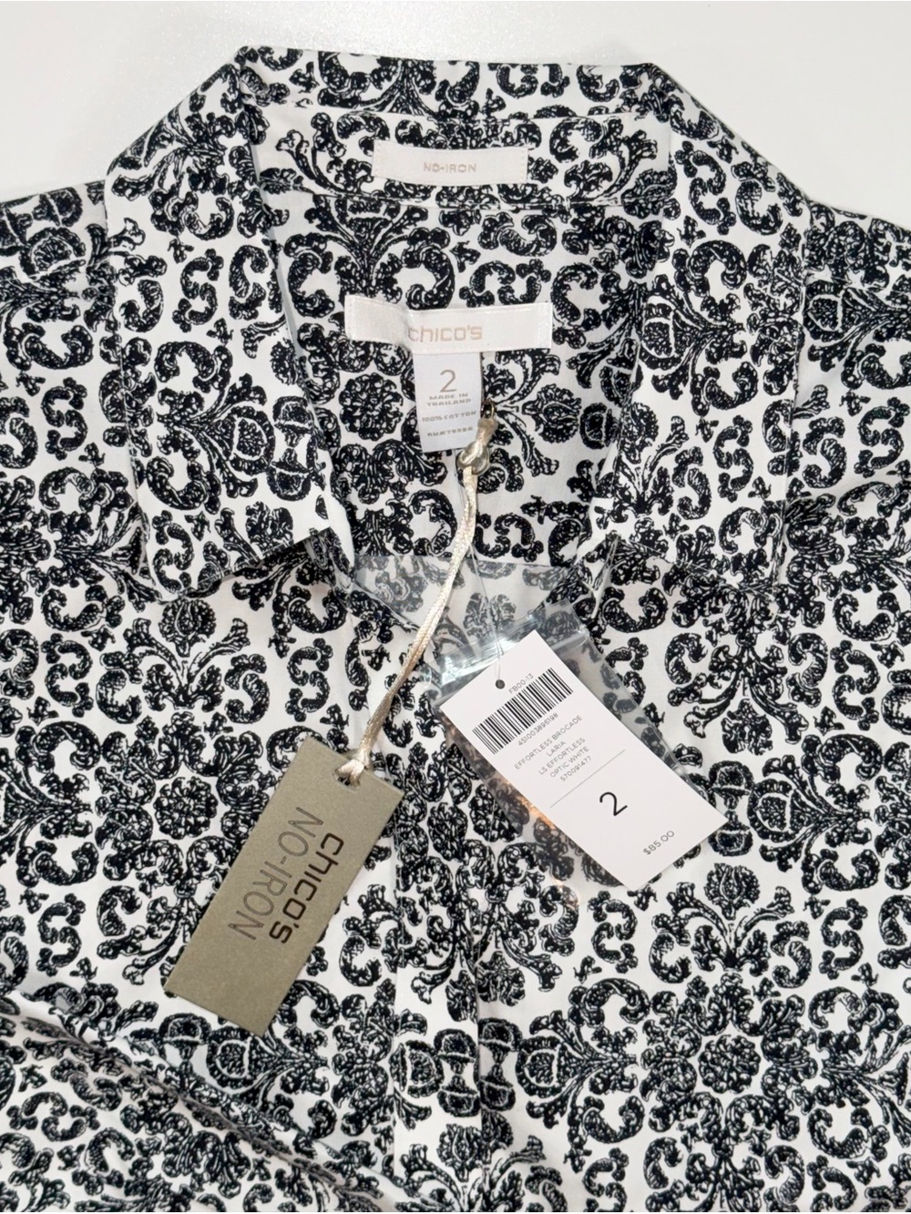 Chico's NO IRON Shirt Top Black White Button Up Long Sleeve Sz 2 L 12 NWT $85 - Picture 2 of 12